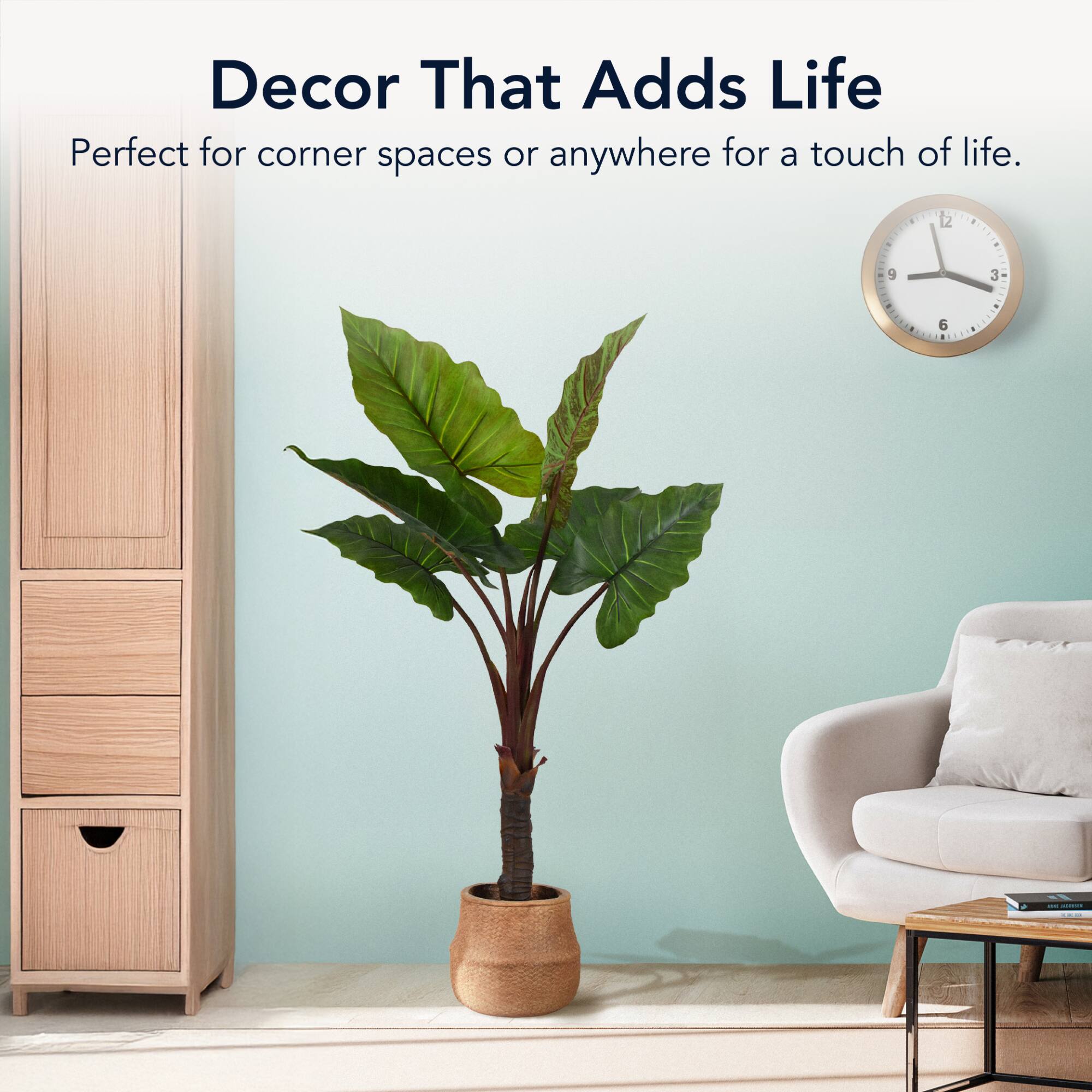 American Art Decor 5ft Artificial Rainbow Taro Tree in Cement Pot Faux Plant